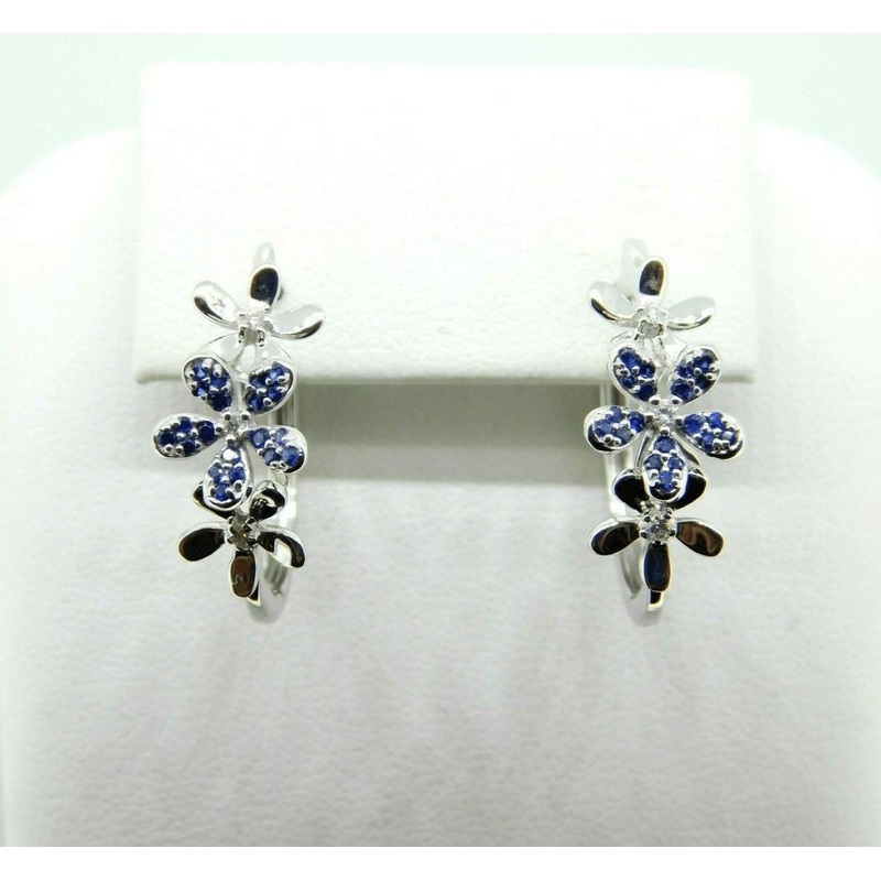 14k Gold Blue Genuine Natural Sapphire and Diamond Flower Earrings (#J4317)