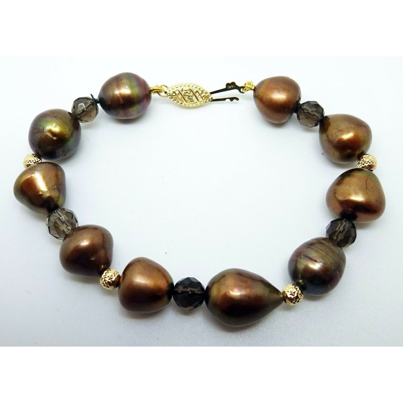 14K Gold Chocolate Pearl & Smoky Quartz Bracelet (#J3119)
