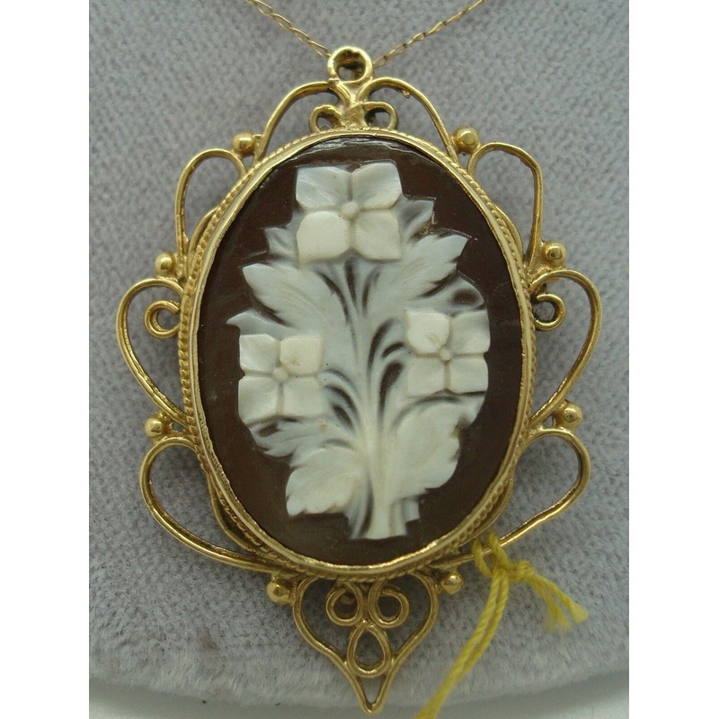 14K Gold Floral Genuine Natural Shell Cameo Pendant (#J1680)