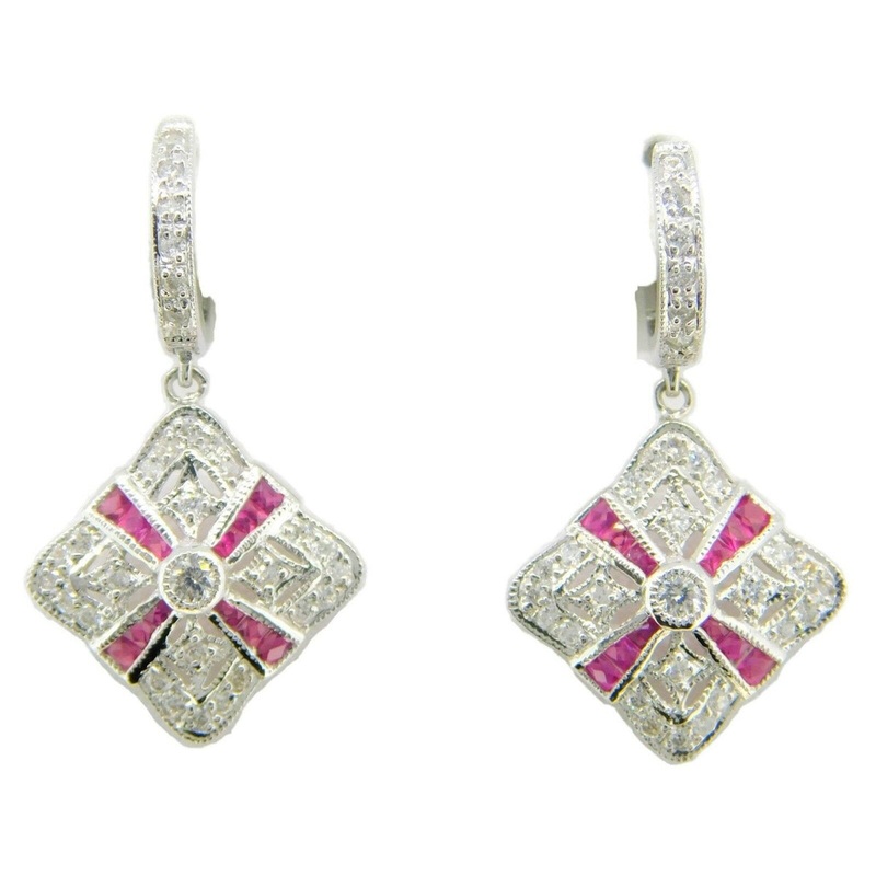 14k Gold Genuine Natural Diamond and Ruby Deco Style Earrings (#J4083)
