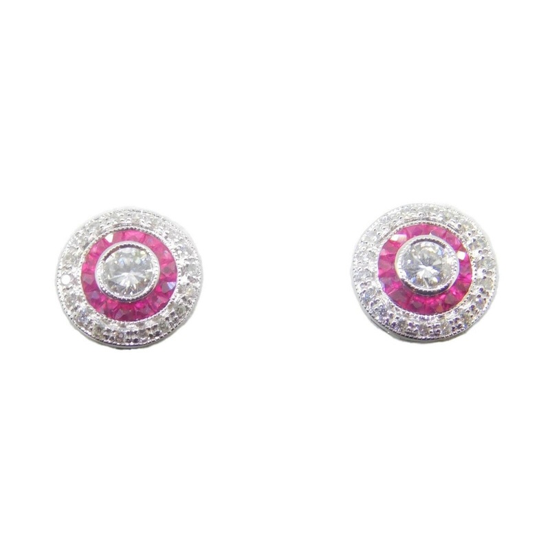 14k Gold Genuine Natural Diamond and Ruby Double Halo Stud Earrings (#J4062)