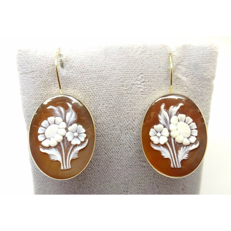 14k Gold Genuine Natural Shell Cameo Floral Bouquet Earrings (#J3636)