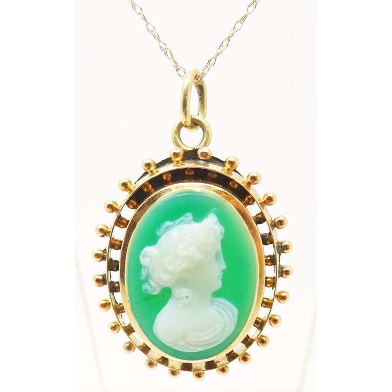 14K Gold Green Genuine Natural Cameo Pendant (#J3372)
