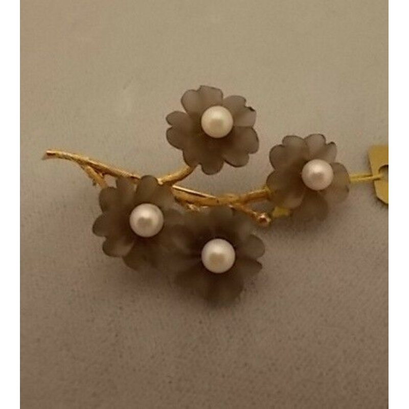 14K Gold Pin with Smoky Quartz Carved Flowers and Pearls (#J454)