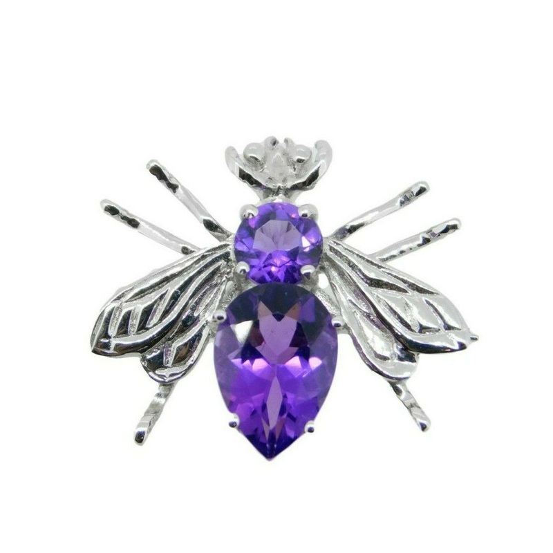 14k White Gold Bee Fly Insect Genuine Natural Amethyst Pin Pendant (#J4556)