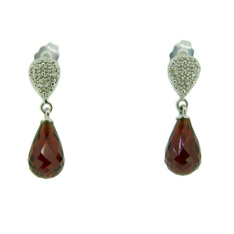 14k White Gold Briolette Genuine Natural Garnet Earrings with Diamonds (#J602)