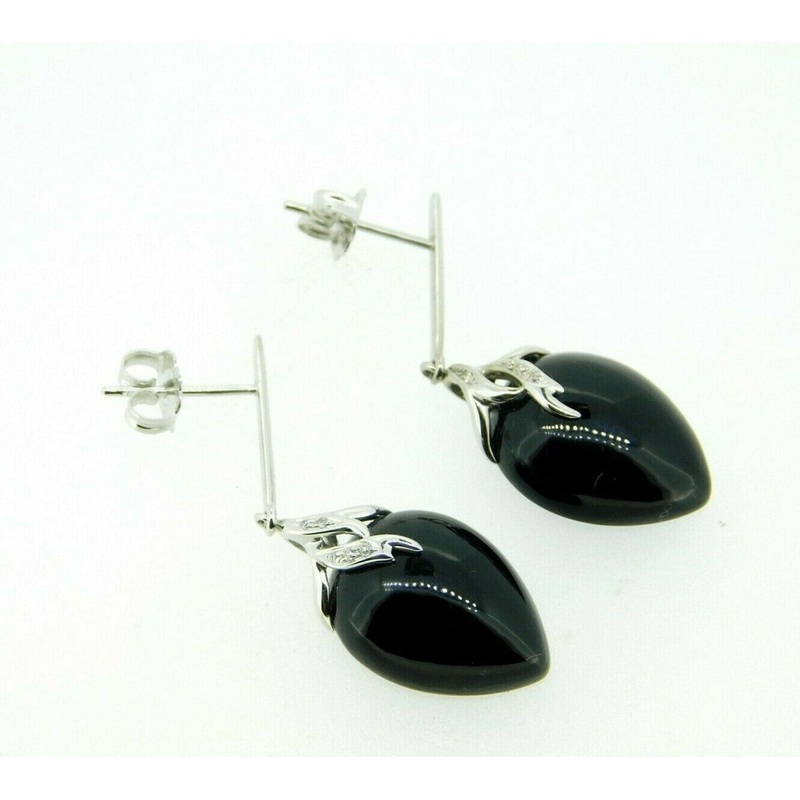 14k White Gold Dangle Genuine Natural Cabochon Black Onyx Earrings (#J694)