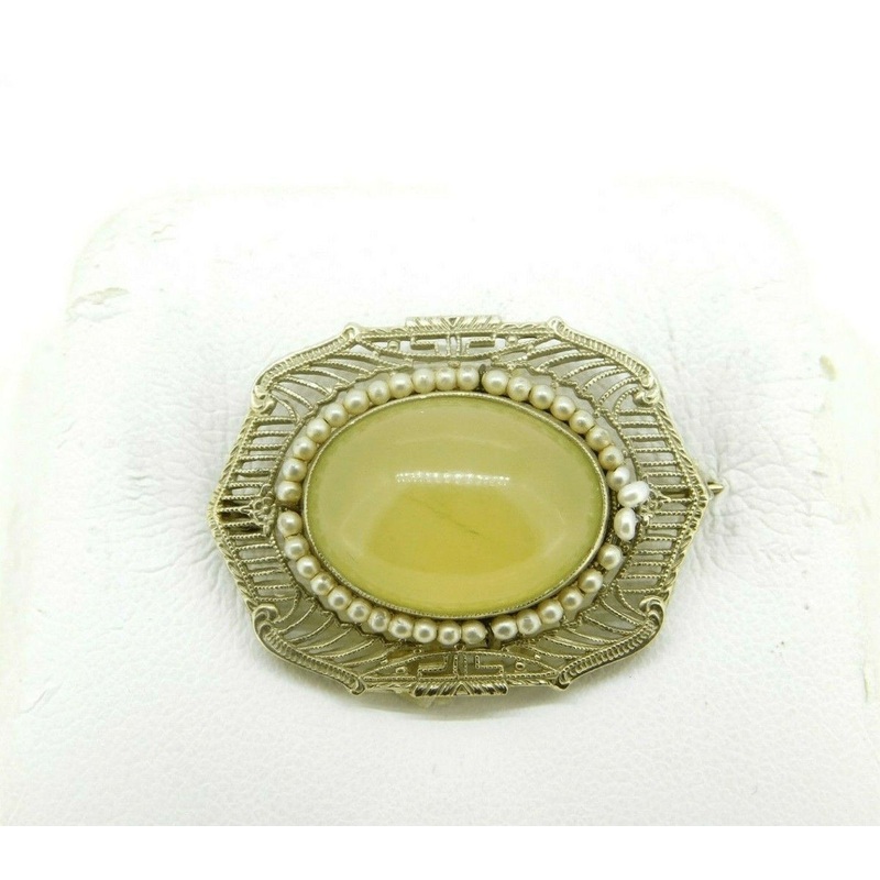 14k White Gold Filigree Art Deco Jade Pin with Pearls (#J1029)