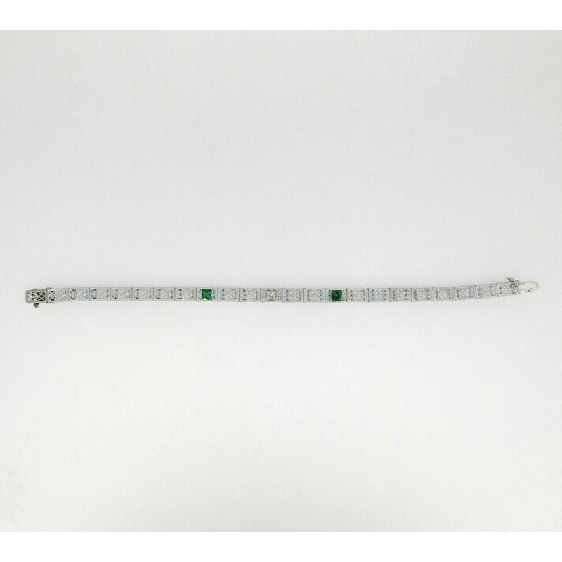 14k White Gold Filigree Diamond Bracelet Synthetic Green Emeralds (#J4505)