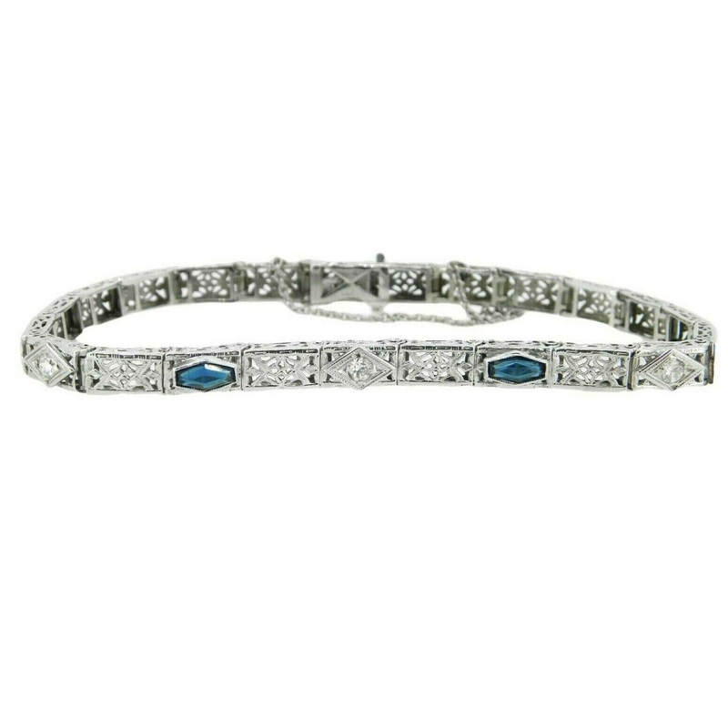 14k White Gold Filigree Diamond Sapphire Bracelet (#J4707)
