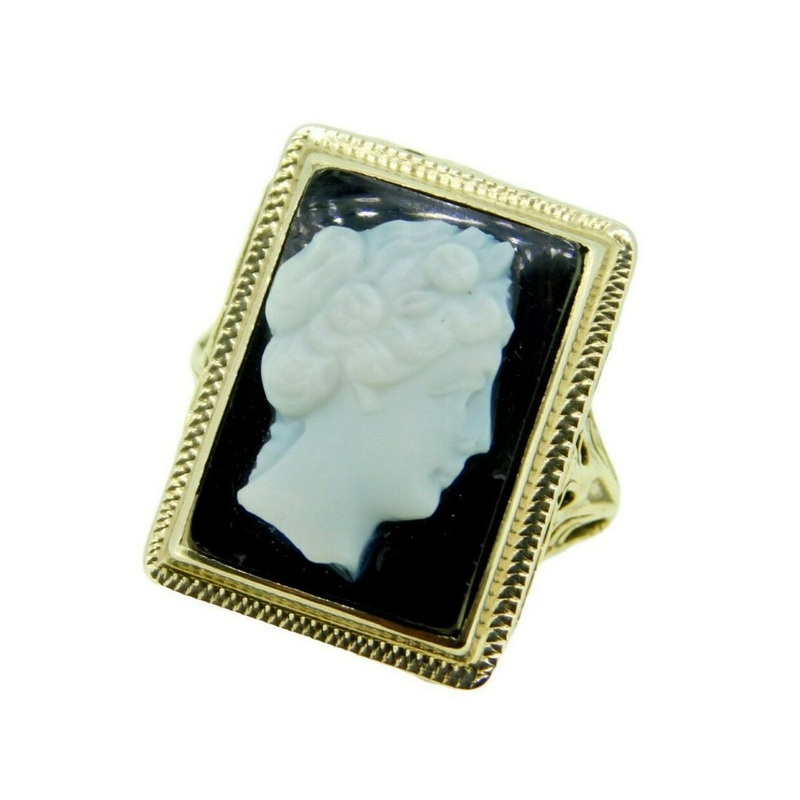 14k White Gold Filigree Genuine Natural Hard Stone Agate Cameo Ring (#J4694)