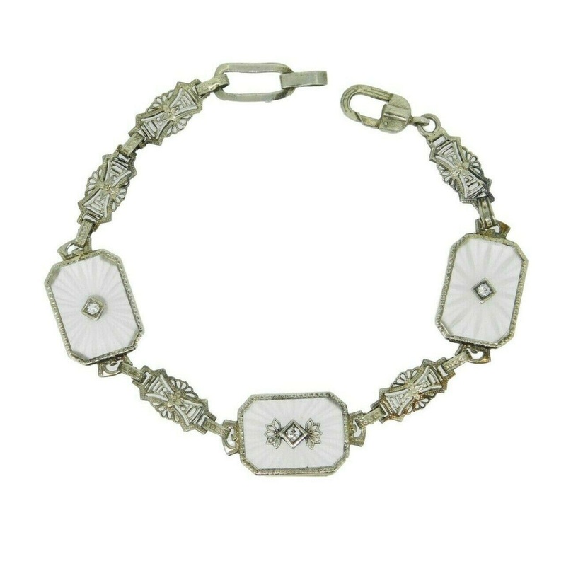 14k White Gold Filigree Genuine Natural Rock Crystal Diamond Bracelet (#J4705)
