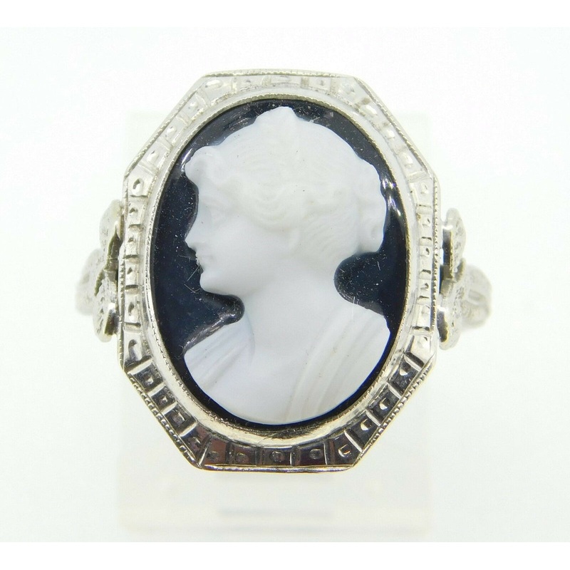 14k White Gold Genuine Natural Hard Stone Cameo Ring with Applied Ribbons #J4296