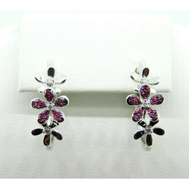 14k White Gold Genuine Natural Ruby and Diamond Flower Earrings (#J4318)