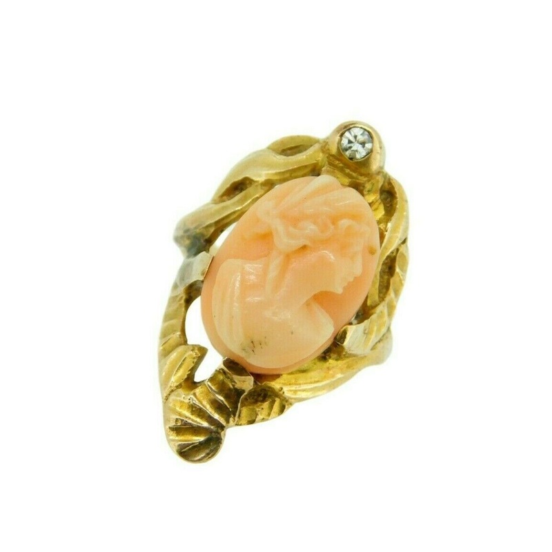 14k Yellow Gold Art Nouveau Genuine Natural Coral Cameo Ring (#J4550)