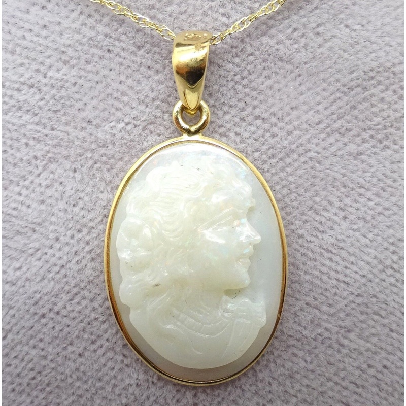14k Yellow Gold Carved Genuine Natural Opal Cameo Pendant (#J3796)