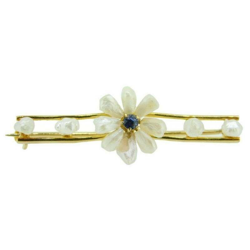14k Yellow Gold Freshwater River Pearl Sapphire Flower Pin (#J4601)