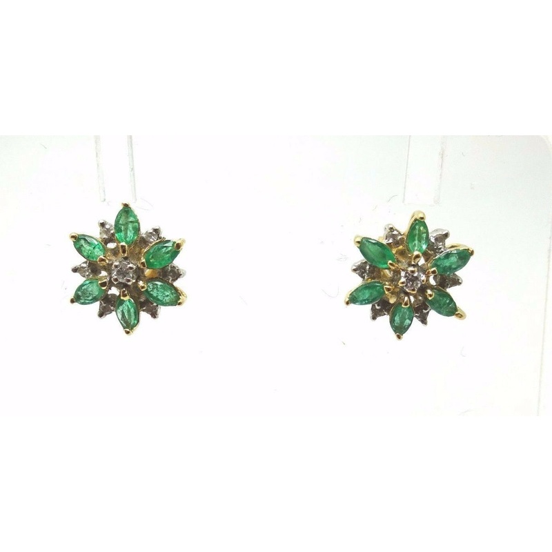 14k Yellow Gold Genuine Natural Emerald & Diamond Flower Earrings (#J3703)