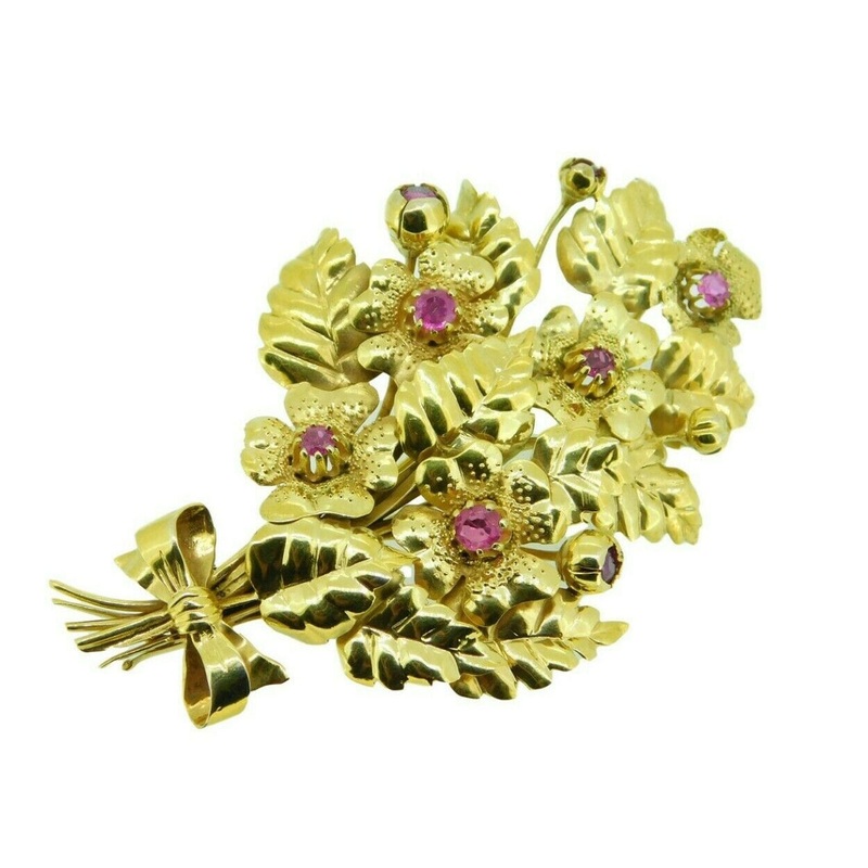 14k Yellow Gold Handmade Genuine Natural Ruby Bouquet of Flowers Pin (#J4659)