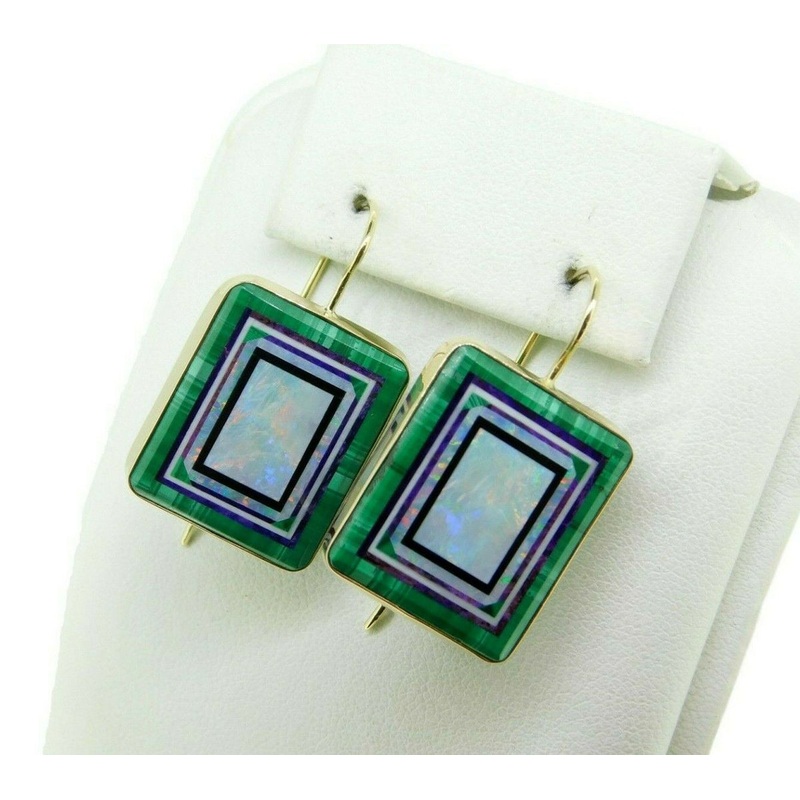 14k Yellow Gold Intarsia Genuine Natural Opal Inlay Earrings Kaufmann (#J4610)