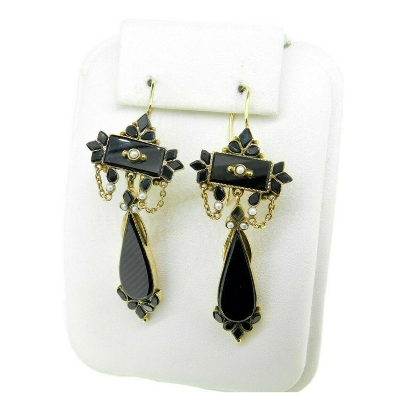 14k Yellow Gold Large Onyx and Seed Pearl Earrings (#J4710)