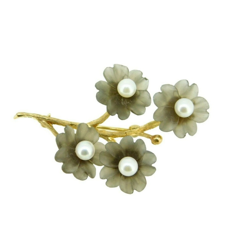 14k Yellow Gold Pin with Smoky Quartz Carved Flowers and Pearls (#J454)