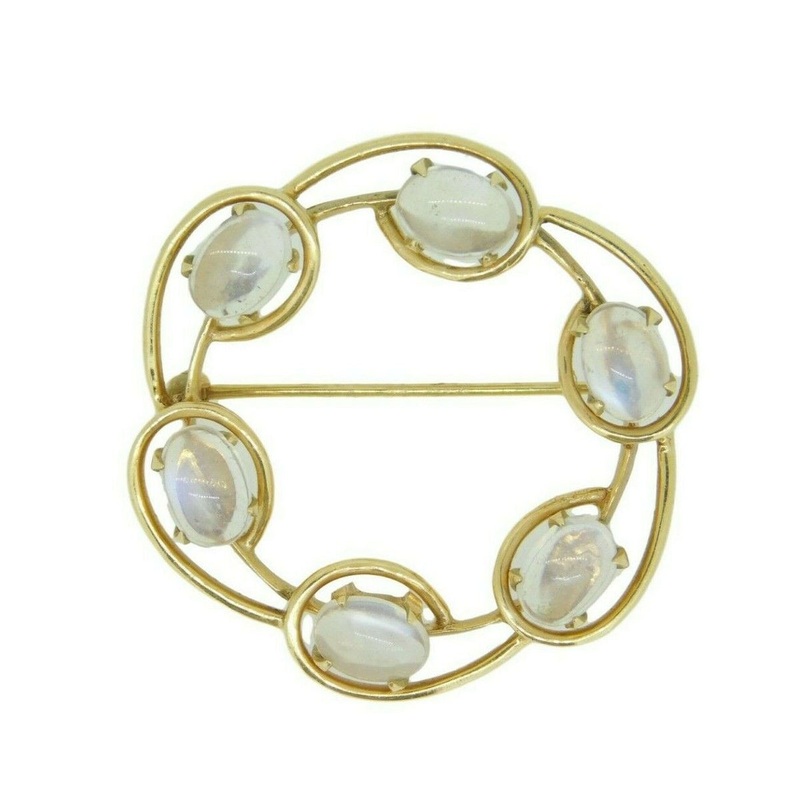 14k Yellow Gold Round Circle Genuine Natural Moonstone Pin w/Blue Flash (#J4559)