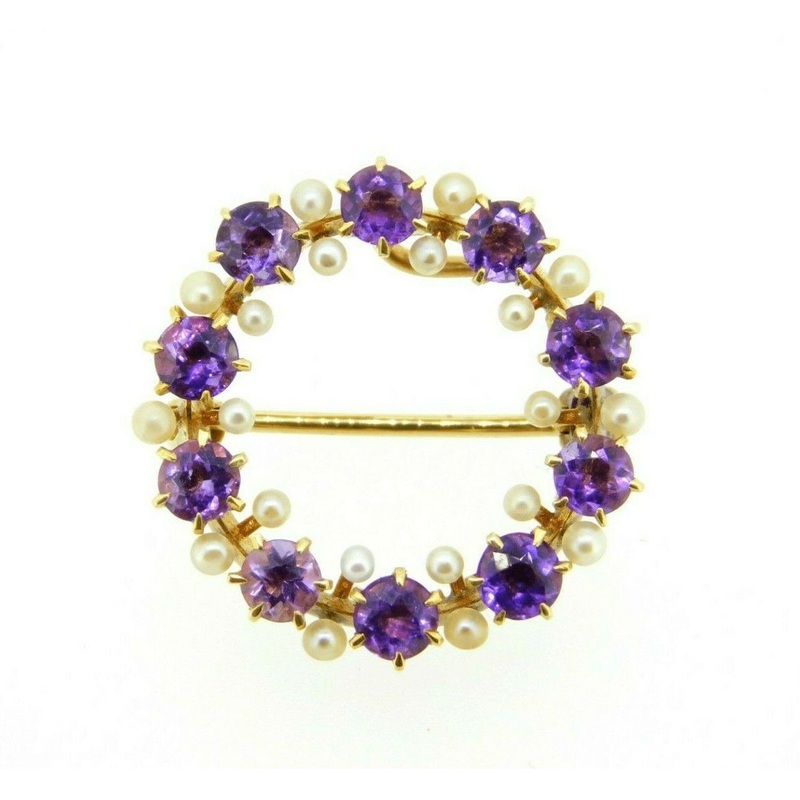 14k Yellow Gold Victorian Amethyst and Pearl Circle Pin (#J4438)