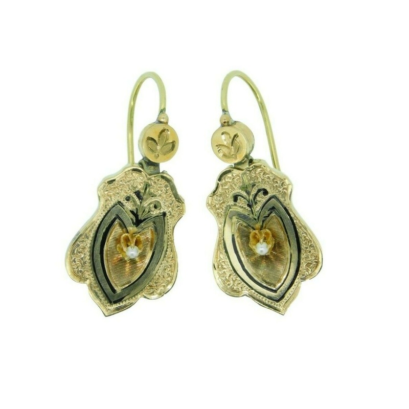 14k Yellow Gold Victorian Black Enamel Pearl Earrings (#J4648)