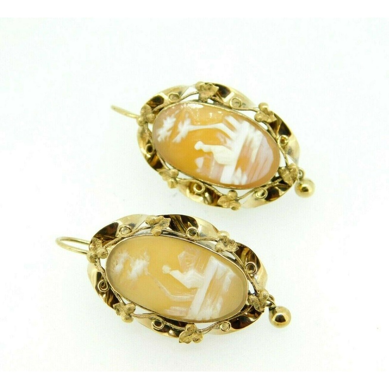 14k Yellow Gold Victorian Scenic Genuine Natural Shell Cameo Earrings (#J5015)