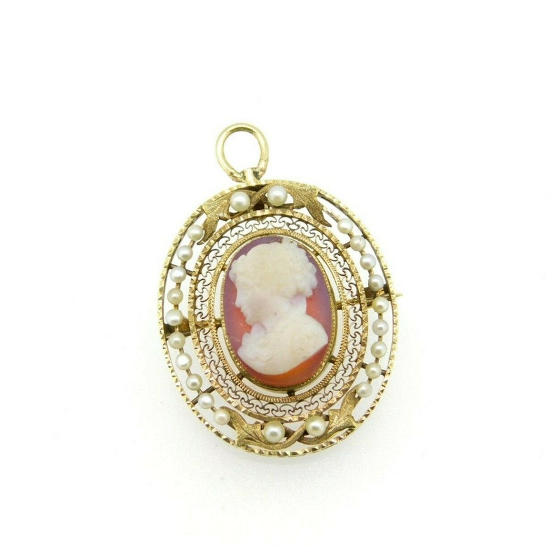 14k Yellow Gold Victorian Stone Cameo and Pearl Pin Pendant (#J5011)
