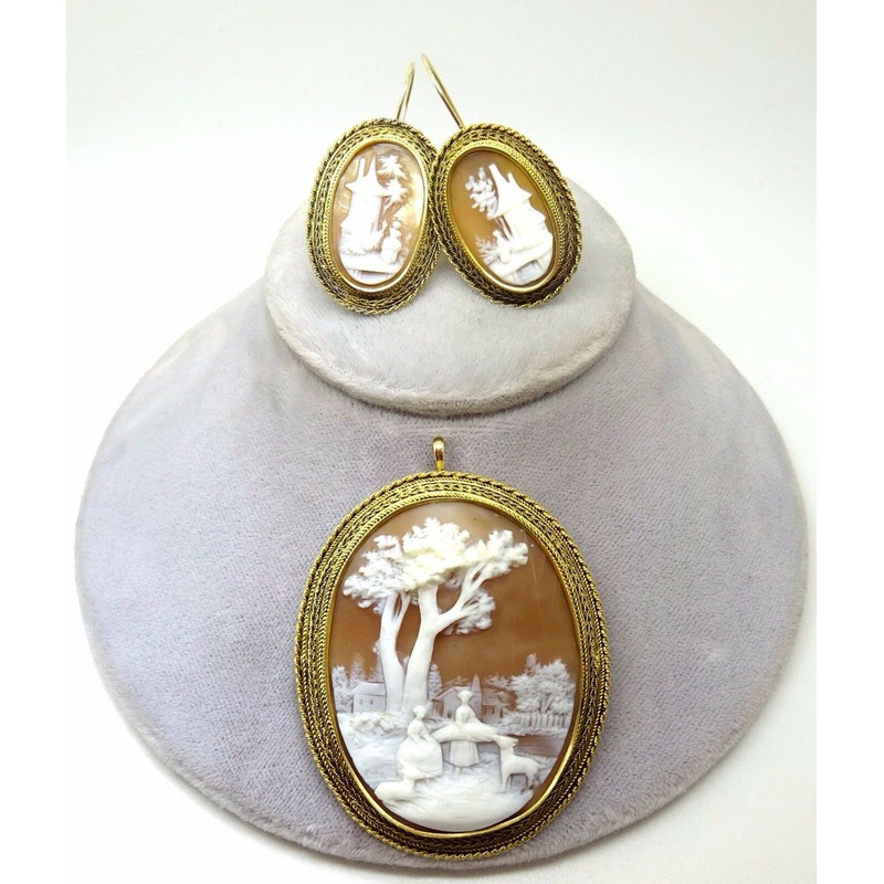 3-Piece 14k Oval Scenic Genuine Natural Cameo Earring & Pin Set (#J3632)