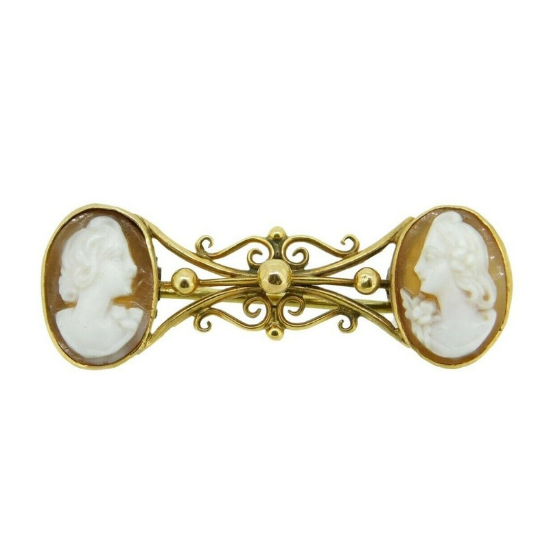 9k Yellow Gold Pin with Pair of Shell Genuine Natural Cameos (#J335)