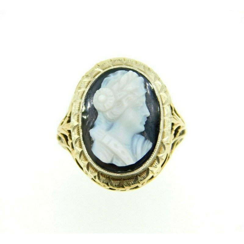 Art Deco 10k Yellow Gold Genuine Natural Stone Cameo Filigree Ring (#J5059)