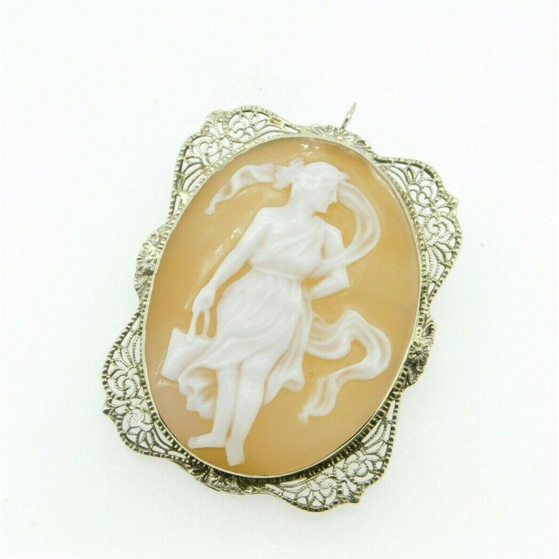 Art Deco 14k Gold Filigree Full Figure Genuine Natural Shell Cameo Pin (#J4359)