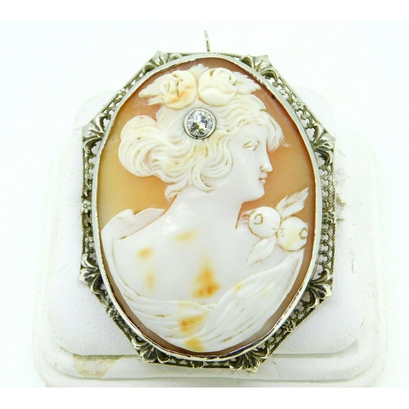 Art Deco 14k Gold Genuine Natural Shell Cameo and Diamond Filigree Pin (#J1895)