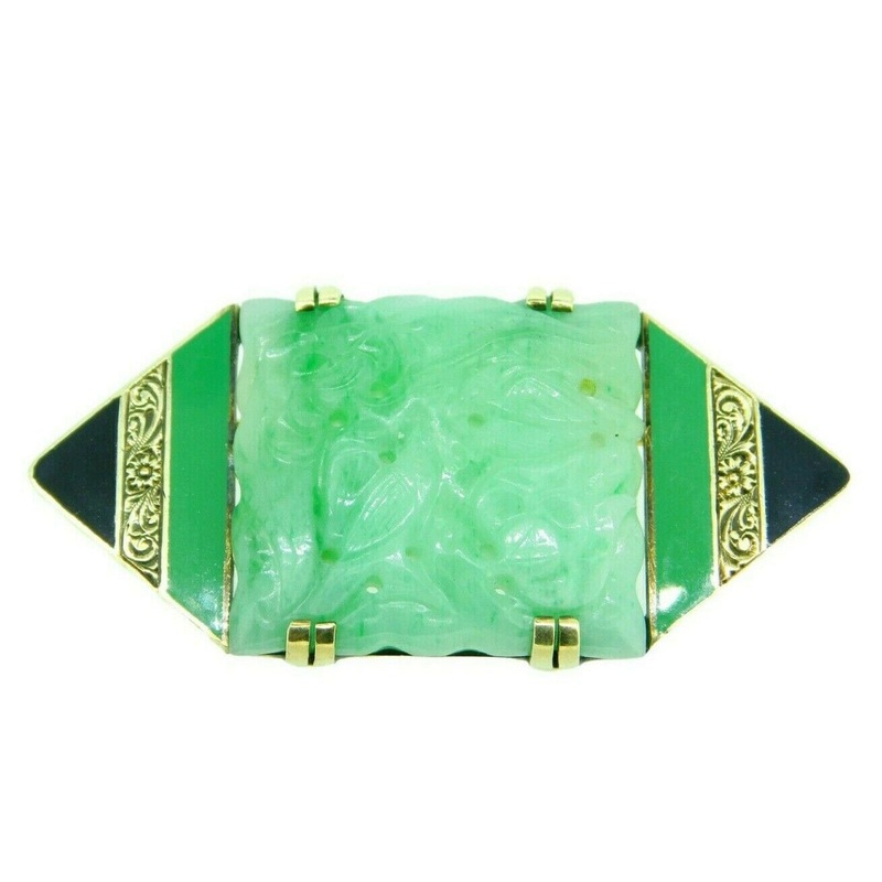 Art Deco 14k Yellow Gold Carved Jade Enamel Pin (#J4703)