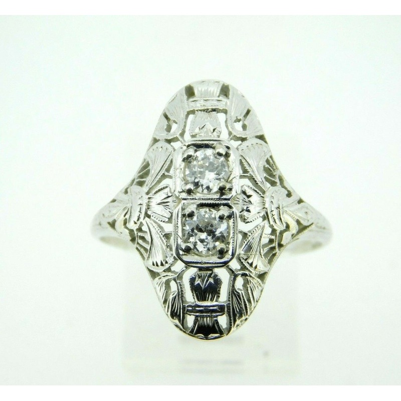 Art Deco 18k White Gold Filigree .36ct Genuine Natural Diamond Ring (#J4393)