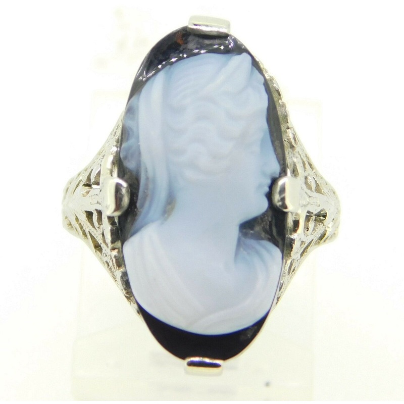 Art Deco 18k White Gold Genuine Natural Stone Cameo Filigree Ring (#J4307)