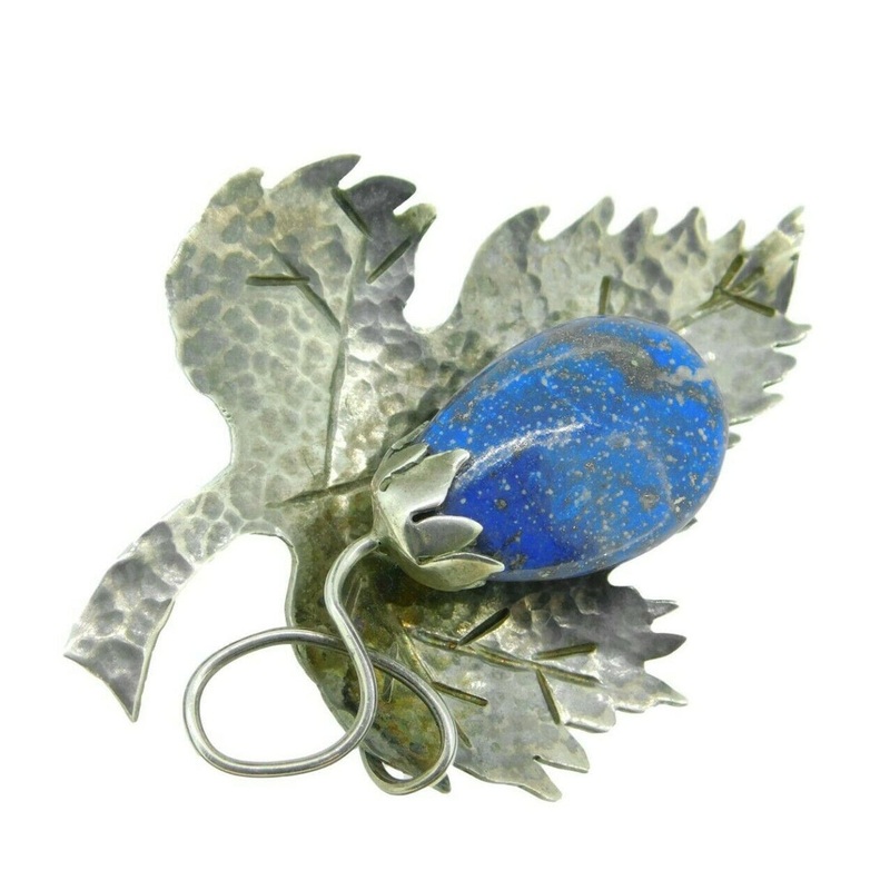 Arts and Crafts Hand Hammered Leaf Brooch with Genuine Natural Lapis (#J2444)