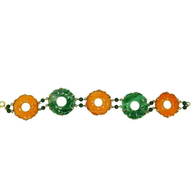 Deco 14k Yellow Gold Carved Jade and Carnelian Bracelet (#J4706)