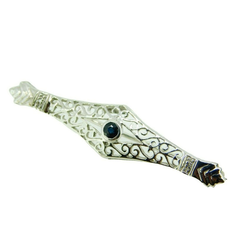 Fancy 10k White Gold Round Blue Genuine Natural Sapphire Brooch (#J2142)