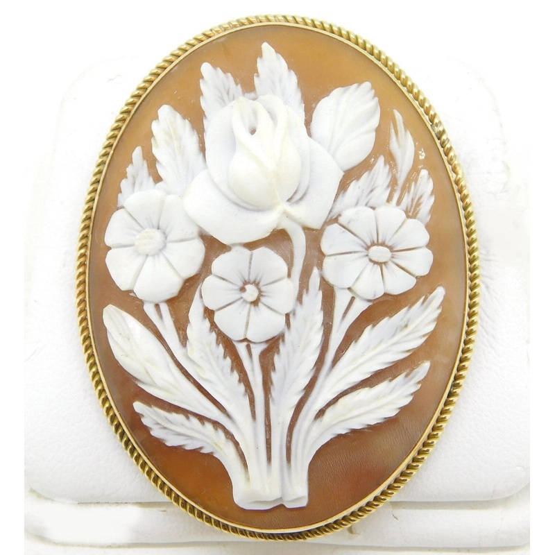 Gold-Filled Carved Floral Genuine Natural Shell Cameo Pin / Pendant (#J4259)