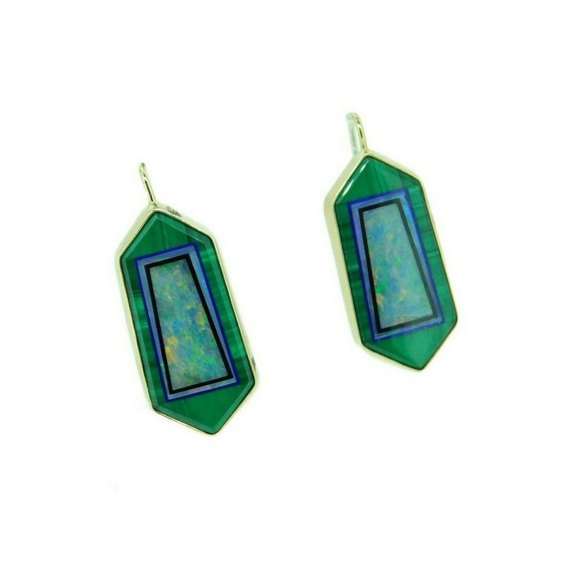 Kaufmann 14k Yellow Gold Genuine Natural Opal Malachite Intarsia Earrings #J4711