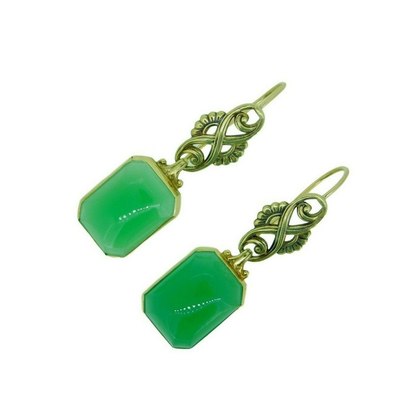 Retro 14k Yellow Gold Dangle Genuine Natural Chrysoprase Earrings (#J4612)