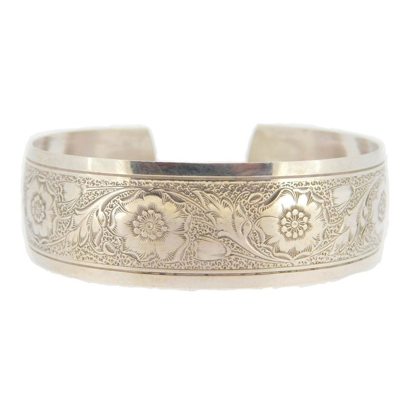 Sterling Cuff Bracelet Engine Turned with Flowers (#J3965)