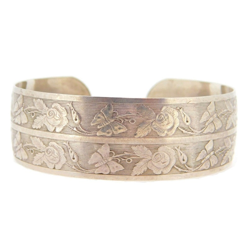 Sterling Engine Turned Cuff Bracelet with Roses and Butterflies (#J3968)