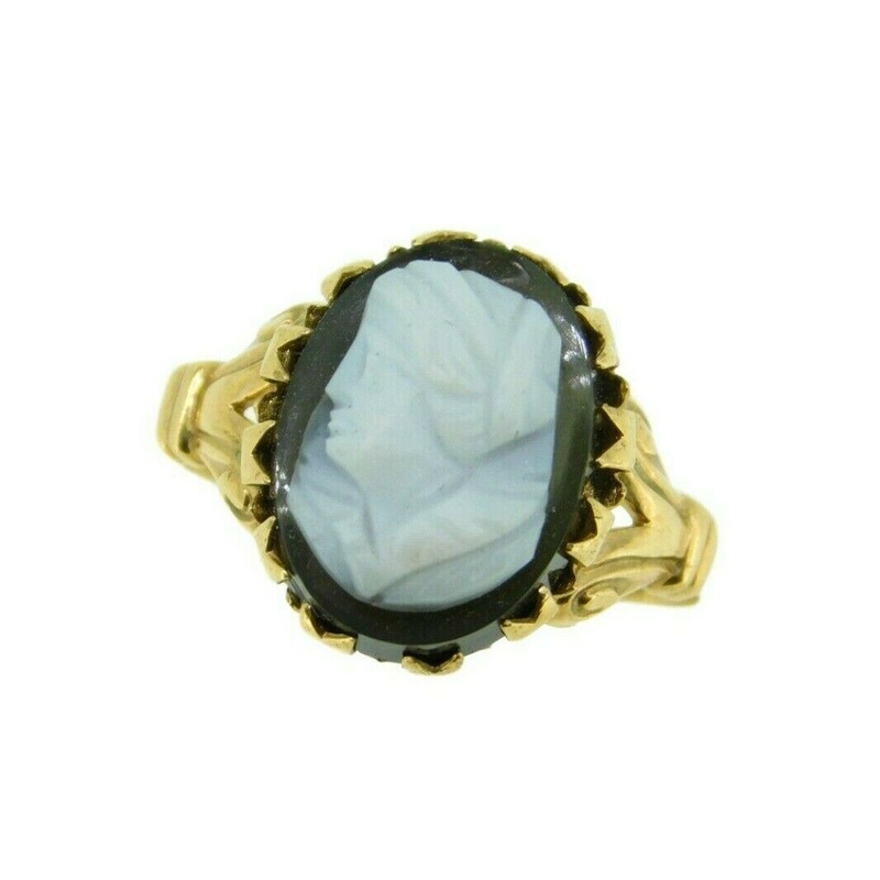 Victorian 10k Gold Black and White Genuine Natural Stone Cameo Ring (#J1540)