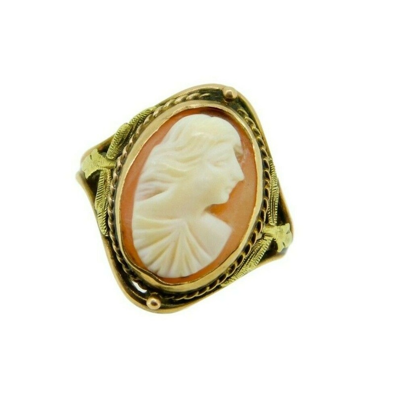 Victorian 10k Gold Genuine Natural Shell Cameo Ring w/Green Gold Accents (#J366)