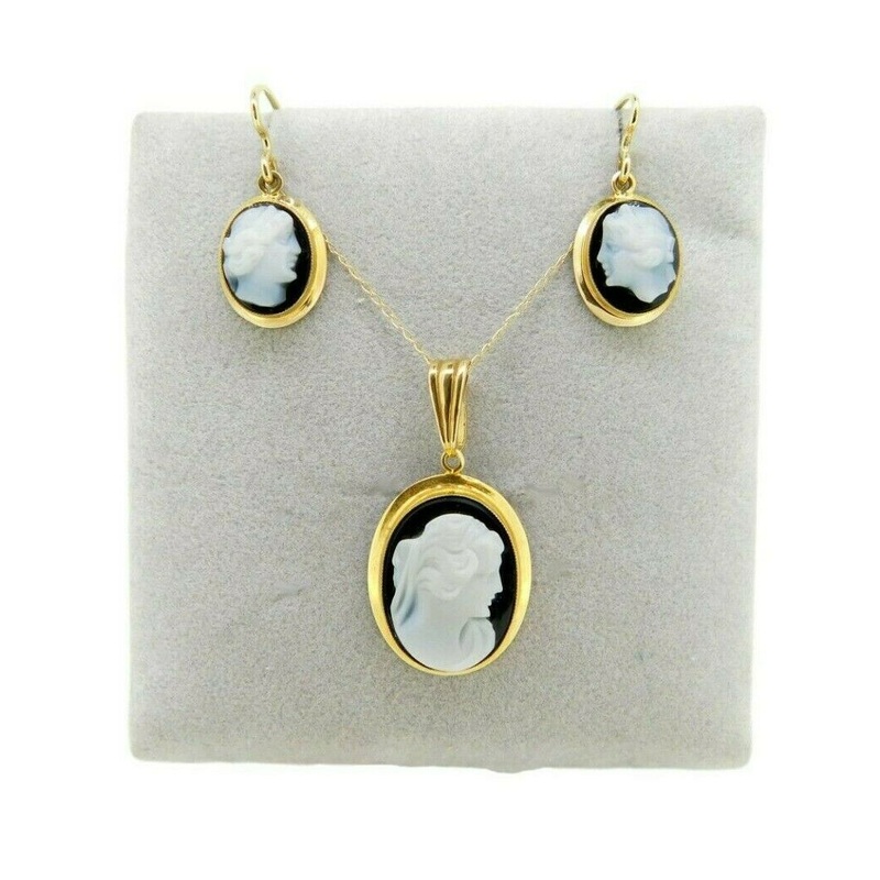 Yellow Gold Genuine Natural Agate Cameo Pendant and Earrings Set (#J342)